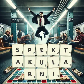 Kreatywna ilustracja do gry w Scrabble ze słowem SPEKTAKULARNI ułożonym z płytek na planszy.