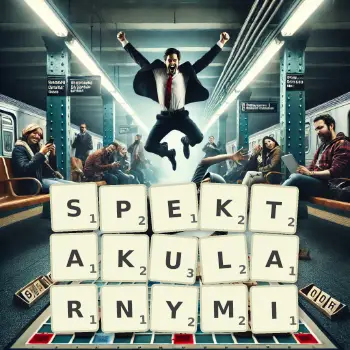 Kreatywna ilustracja do gry w Scrabble ze słowem SPEKTAKULARNYMI ułożonym z płytek na planszy.