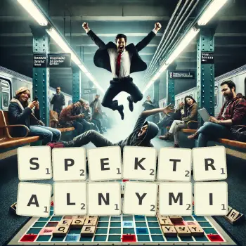 Kreatywna ilustracja do gry w Scrabble ze słowem SPEKTRALNYMI ułożonym z płytek na planszy.