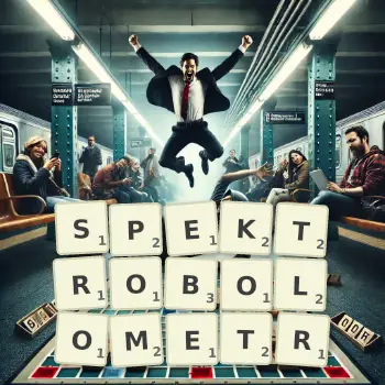 Kreatywna ilustracja do gry w Scrabble ze słowem SPEKTROBOLOMETR ułożonym z płytek na planszy.