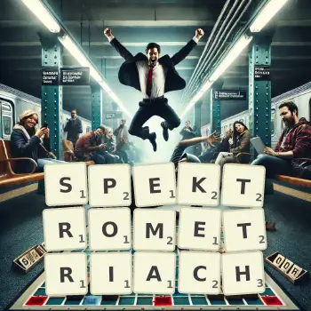 Kreatywna ilustracja do gry w Scrabble ze słowem SPEKTROMETRIACH ułożonym z płytek na planszy.