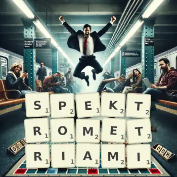 Kreatywna ilustracja do gry w Scrabble ze słowem SPEKTROMETRIAMI ułożonym z płytek na planszy.