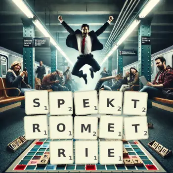 Kreatywna ilustracja do gry w Scrabble ze słowem SPEKTROMETRIE ułożonym z płytek na planszy.