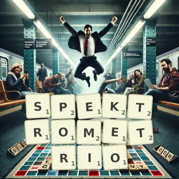 Kreatywna ilustracja do gry w Scrabble ze słowem SPEKTROMETRIO ułożonym z płytek na planszy.