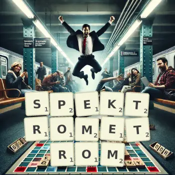 Kreatywna ilustracja do gry w Scrabble ze słowem SPEKTROMETROM ułożonym z płytek na planszy.