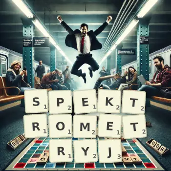 Kreatywna ilustracja do gry w Scrabble ze słowem SPEKTROMETRYJ ułożonym z płytek na planszy.