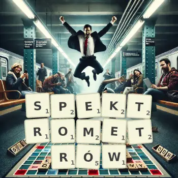 Kreatywna ilustracja do gry w Scrabble ze słowem SPEKTROMETRÓW ułożonym z płytek na planszy.