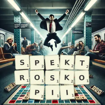 Kreatywna ilustracja do gry w Scrabble ze słowem SPEKTROSKOPII ułożonym z płytek na planszy.