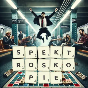Kreatywna ilustracja do gry w Scrabble ze słowem SPEKTROSKOPIĘ ułożonym z płytek na planszy.