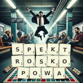 Kreatywna ilustracja do gry w Scrabble ze słowem SPEKTROSKOPOWA ułożonym z płytek na planszy.