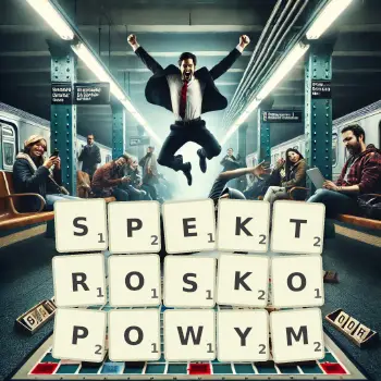 Kreatywna ilustracja do gry w Scrabble ze słowem SPEKTROSKOPOWYM ułożonym z płytek na planszy.