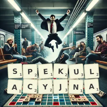 Kreatywna ilustracja do gry w Scrabble ze słowem SPEKULACYJNA ułożonym z płytek na planszy.