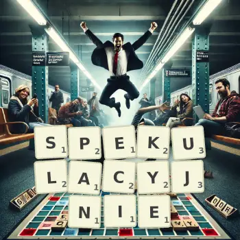 Kreatywna ilustracja do gry w Scrabble ze słowem SPEKULACYJNIE ułożonym z płytek na planszy.