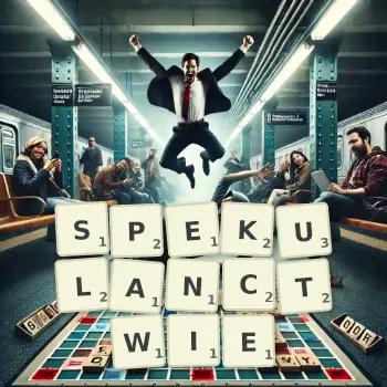 Kreatywna ilustracja do gry w Scrabble ze słowem SPEKULANCTWIE ułożonym z płytek na planszy.