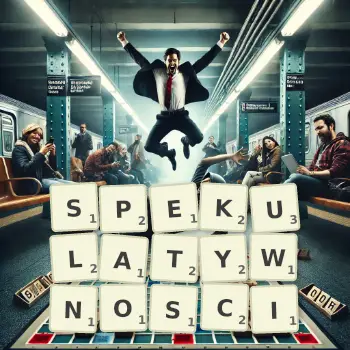 Kreatywna ilustracja do gry w Scrabble ze słowem SPEKULATYWNOSCI ułożonym z płytek na planszy.