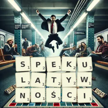 Kreatywna ilustracja do gry w Scrabble ze słowem SPEKULATYWNOŚCI ułożonym z płytek na planszy.