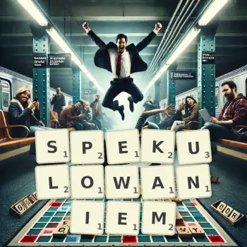 Kreatywna ilustracja do gry w Scrabble ze słowem SPEKULOWANIEM ułożonym z płytek na planszy.