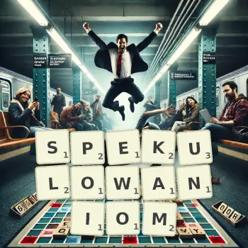 Kreatywna ilustracja do gry w Scrabble ze słowem SPEKULOWANIOM ułożonym z płytek na planszy.