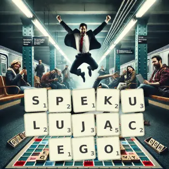 Kreatywna ilustracja do gry w Scrabble ze słowem SPEKULUJĄCEGO ułożonym z płytek na planszy.