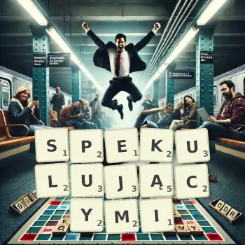 Kreatywna ilustracja do gry w Scrabble ze słowem SPEKULUJĄCYMI ułożonym z płytek na planszy.