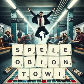 Kreatywna ilustracja do gry w Scrabble ze słowem SPELEOBIONTOWI ułożonym z płytek na planszy.