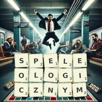 Kreatywna ilustracja do gry w Scrabble ze słowem SPELEOLOGICZNYM ułożonym z płytek na planszy.