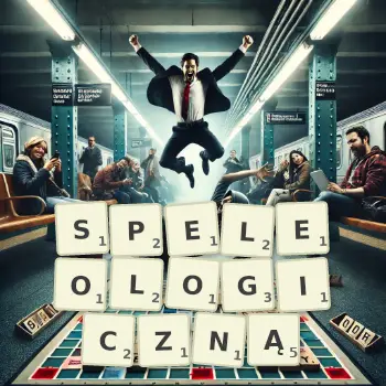 Kreatywna ilustracja do gry w Scrabble ze słowem SPELEOLOGICZNĄ ułożonym z płytek na planszy.