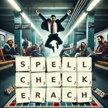 Kreatywna ilustracja do gry w Scrabble ze słowem SPELLCHECKERACH ułożonym z płytek na planszy.