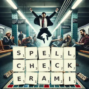 Kreatywna ilustracja do gry w Scrabble ze słowem SPELLCHECKERAMI ułożonym z płytek na planszy.