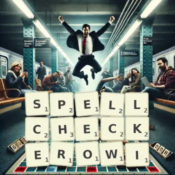 Kreatywna ilustracja do gry w Scrabble ze słowem SPELLCHECKEROWI ułożonym z płytek na planszy.