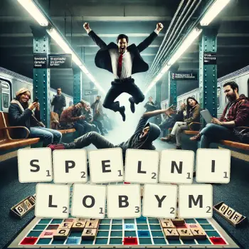 Kreatywna ilustracja do gry w Scrabble ze słowem SPELNILOBYM ułożonym z płytek na planszy.