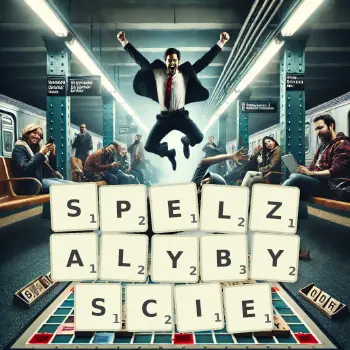 Kreatywna ilustracja do gry w Scrabble ze słowem SPELZALYBYSCIE ułożonym z płytek na planszy.