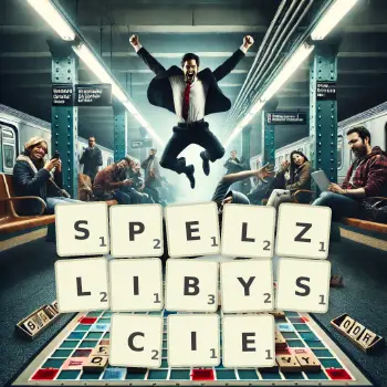Kreatywna ilustracja do gry w Scrabble ze słowem SPELZLIBYSCIE ułożonym z płytek na planszy.