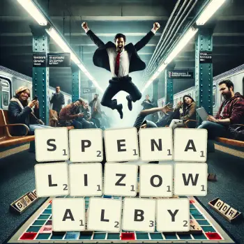Kreatywna ilustracja do gry w Scrabble ze słowem SPENALIZOWALBY ułożonym z płytek na planszy.