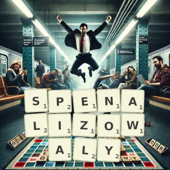 Kreatywna ilustracja do gry w Scrabble ze słowem SPENALIZOWALY ułożonym z płytek na planszy.