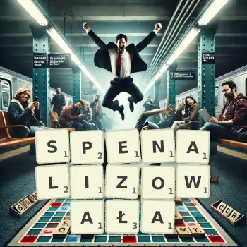 Kreatywna ilustracja do gry w Scrabble ze słowem SPENALIZOWAŁA ułożonym z płytek na planszy.