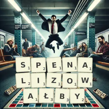 Kreatywna ilustracja do gry w Scrabble ze słowem SPENALIZOWAŁBY ułożonym z płytek na planszy.