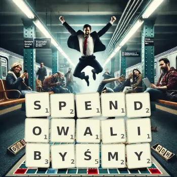 Kreatywna ilustracja do gry w Scrabble ze słowem SPENDOWALIBYŚMY ułożonym z płytek na planszy.