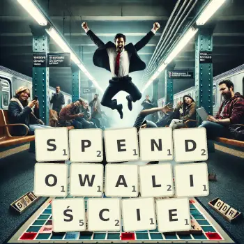 Kreatywna ilustracja do gry w Scrabble ze słowem SPENDOWALIŚCIE ułożonym z płytek na planszy.
