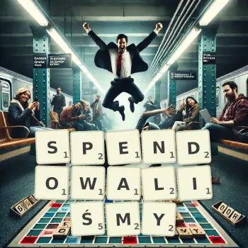 Kreatywna ilustracja do gry w Scrabble ze słowem SPENDOWALIŚMY ułożonym z płytek na planszy.
