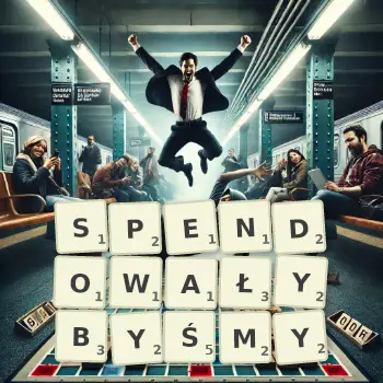 Kreatywna ilustracja do gry w Scrabble ze słowem SPENDOWAŁYBYŚMY ułożonym z płytek na planszy.