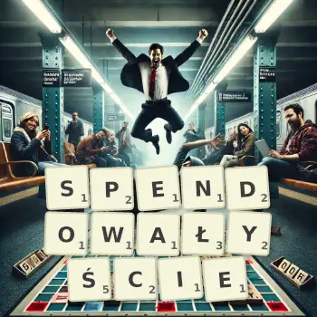 Kreatywna ilustracja do gry w Scrabble ze słowem SPENDOWAŁYŚCIE ułożonym z płytek na planszy.