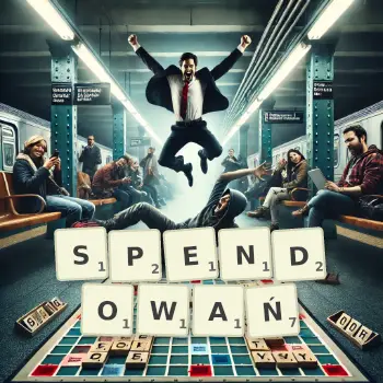 Kreatywna ilustracja do gry w Scrabble ze słowem SPENDOWAŃ ułożonym z płytek na planszy.