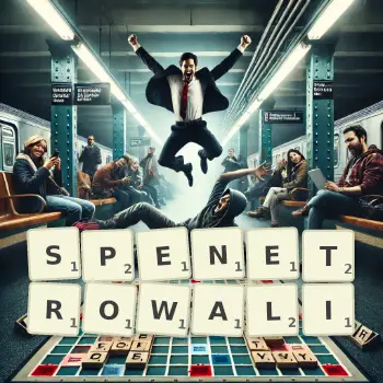 Kreatywna ilustracja do gry w Scrabble ze słowem SPENETROWALI ułożonym z płytek na planszy.