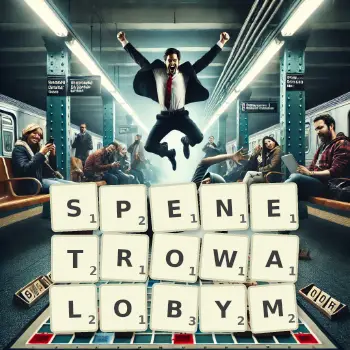 Kreatywna ilustracja do gry w Scrabble ze słowem SPENETROWALOBYM ułożonym z płytek na planszy.