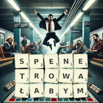 Kreatywna ilustracja do gry w Scrabble ze słowem SPENETROWAŁABYM ułożonym z płytek na planszy.