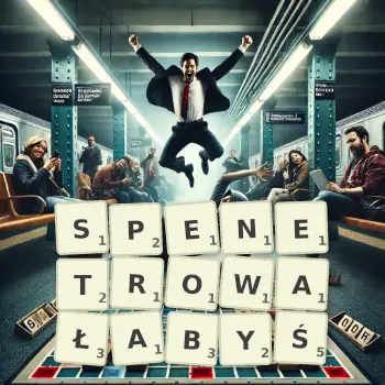 Kreatywna ilustracja do gry w Scrabble ze słowem SPENETROWAŁABYŚ ułożonym z płytek na planszy.