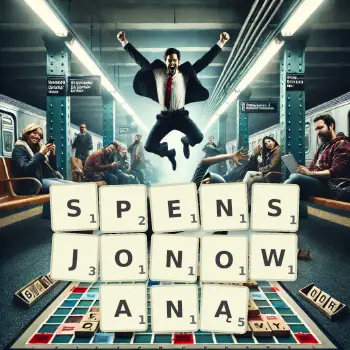 Kreatywna ilustracja do gry w Scrabble ze słowem SPENSJONOWANĄ ułożonym z płytek na planszy.