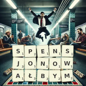 Kreatywna ilustracja do gry w Scrabble ze słowem SPENSJONOWAŁBYM ułożonym z płytek na planszy.