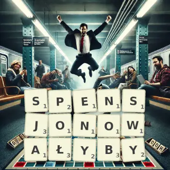 Kreatywna ilustracja do gry w Scrabble ze słowem SPENSJONOWAŁYBY ułożonym z płytek na planszy.